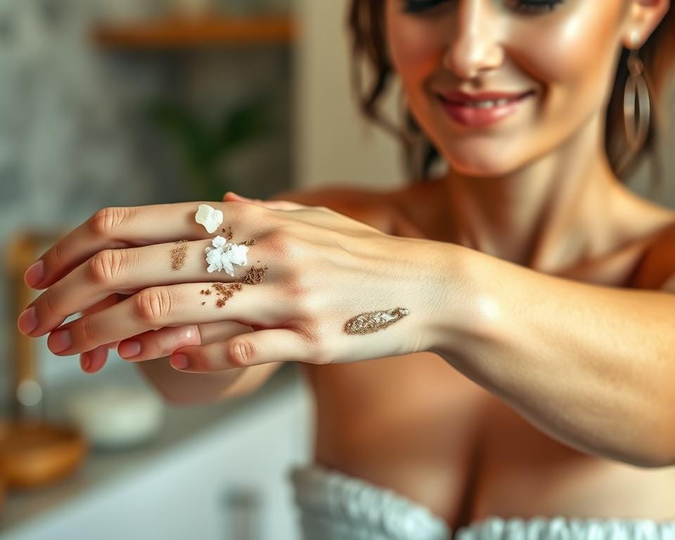 A woman's hands gently massaging exfoliating scrub onto her forearm, with close-up view showcasing the natural ingredients like coffee grounds, sea salt, and coconut oil. Soft, warm lighting illuminates the scene, creating a soothing, spa-like atmosphere. The background is blurred, with hints of a minimalist, natural-toned bathroom interior. The model's expression conveys a sense of relaxation and self-care. The image highlights the techniques and benefits of effective, at-home body exfoliation. A woman's hands gently massaging exfoliating scrub onto her forearm, with close-up view showcasing the natural ingredients like coffee grounds, sea salt, and coconut oil. Soft, warm lighting illuminates the scene, creating a soothing, spa-like atmosphere. The background is blurred, with hints of a minimalist, natural-toned bathroom interior. The model's expression conveys a sense of relaxation and self-care. The image highlights the techniques and benefits of effective, at-home body exfoliation.