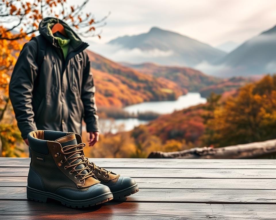 Crisp, autumnal morning in the picturesque Lake District. A table in the foreground displays an array of high-quality waterproof gear - sturdy boots, a breathable jacket, and a weatherproof backpack. The middle ground features a tranquil lake surrounded by rolling hills cloaked in vibrant foliage. Soft, diffused lighting illuminates the scene, creating a cozy, inviting atmosphere. In the background, jagged mountain peaks pierce the misty horizon, hinting at the rugged landscapes beyond. The overall composition emphasizes the practical yet adventurous nature of exploring the region's changeable climate. Crisp, autumnal morning in the picturesque Lake District. A table in the foreground displays an array of high-quality waterproof gear - sturdy boots, a breathable jacket, and a weatherproof backpack. The middle ground features a tranquil lake surrounded by rolling hills cloaked in vibrant foliage. Soft, diffused lighting illuminates the scene, creating a cozy, inviting atmosphere. In the background, jagged mountain peaks pierce the misty horizon, hinting at the rugged landscapes beyond. The overall composition emphasizes the practical yet adventurous nature of exploring the region's changeable climate.