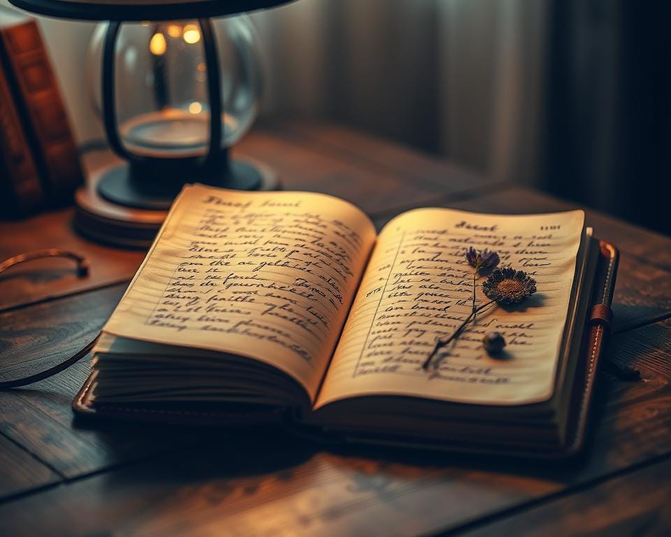 Leather-bound travel journal resting on a wooden table, opened to reveal structured, handwritten entries with sketches and pressed flowers. Warm, soft lighting from a nearby lamp illuminates the pages, creating a cozy, introspective atmosphere. The journal's binding and cover are worn, reflecting its well-traveled history. The background is slightly blurred, keeping the focus on the journal's detailed contents. Leather-bound travel journal resting on a wooden table, opened to reveal structured, handwritten entries with sketches and pressed flowers. Warm, soft lighting from a nearby lamp illuminates the pages, creating a cozy, introspective atmosphere. The journal's binding and cover are worn, reflecting its well-traveled history. The background is slightly blurred, keeping the focus on the journal's detailed contents.