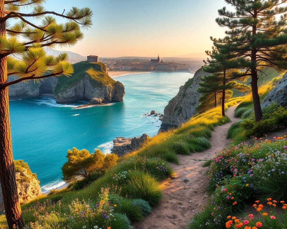 Scenic coastal trails in Europe, bathed in warm golden light, winding through lush verdant landscapes. Rugged cliffs plunge into turquoise waters, as the gentle waves caress the rocky shores. In the distance, picturesque villages and historic landmarks dot the horizon, creating a harmonious blend of natural beauty and human heritage. The path is flanked by vibrant wildflowers, inviting hikers to immerse themselves in the serene, atmospheric setting. Towering pine trees sway gently in the soft breeze, casting gentle shadows across the trail. This idyllic scene captures the essence of exploring Europe's enchanting coastal regions, offering a truly captivating visual experience. Scenic coastal trails in Europe, bathed in warm golden light, winding through lush verdant landscapes. Rugged cliffs plunge into turquoise waters, as the gentle waves caress the rocky shores. In the distance, picturesque villages and historic landmarks dot the horizon, creating a harmonious blend of natural beauty and human heritage. The path is flanked by vibrant wildflowers, inviting hikers to immerse themselves in the serene, atmospheric setting. Towering pine trees sway gently in the soft breeze, casting gentle shadows across the trail. This idyllic scene captures the essence of exploring Europe's enchanting coastal regions, offering a truly captivating visual experience.