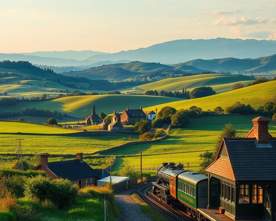 Serene landscape of rolling hills, lush green meadows, and distant blue mountains, bathed in soft, golden sunlight. A quaint, charming village nestled in the valley, with stone cottages and a quaint church steeple peeking out. In the foreground, a cozy, old-world train station, with a vintage steam locomotive waiting to whisk travelers away on a scenic journey. The atmosphere is one of tranquility and timeless charm, evoking a sense of nostalgia and the allure of discovering the hidden gems of the British countryside. Serene landscape of rolling hills, lush green meadows, and distant blue mountains, bathed in soft, golden sunlight. A quaint, charming village nestled in the valley, with stone cottages and a quaint church steeple peeking out. In the foreground, a cozy, old-world train station, with a vintage steam locomotive waiting to whisk travelers away on a scenic journey. The atmosphere is one of tranquility and timeless charm, evoking a sense of nostalgia and the allure of discovering the hidden gems of the British countryside.