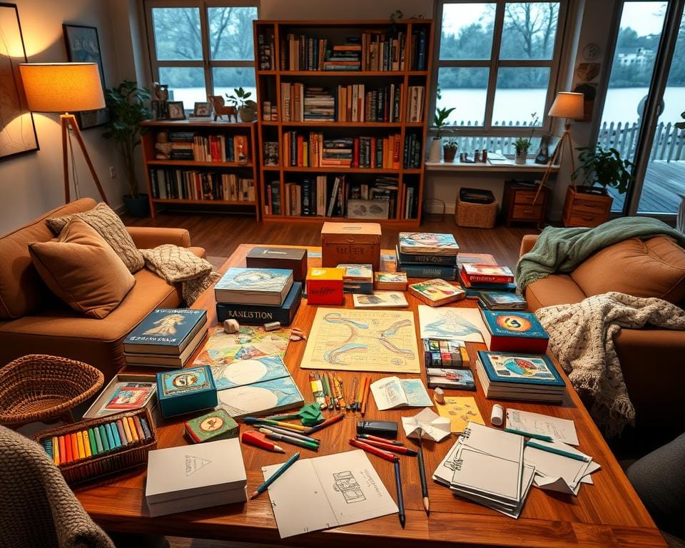 a cozy living room with a large wooden table in the center, covered in a variety of classic board games and creative art supplies - markers, colored pencils, sketchpads, and origami paper. Warm lighting from a nearby lamp casts a soft glow, and a few throw pillows and blankets add to the comfortable atmosphere. In the background, a bookshelf filled with board game boxes and creative hobby books. A large window lets in natural light, hinting at a serene outdoor scene beyond. The overall mood is one of relaxation, focus, and imagination, perfect for an engaging digital detox. a cozy living room with a large wooden table in the center, covered in a variety of classic board games and creative art supplies - markers, colored pencils, sketchpads, and origami paper. Warm lighting from a nearby lamp casts a soft glow, and a few throw pillows and blankets add to the comfortable atmosphere. In the background, a bookshelf filled with board game boxes and creative hobby books. A large window lets in natural light, hinting at a serene outdoor scene beyond. The overall mood is one of relaxation, focus, and imagination, perfect for an engaging digital detox.