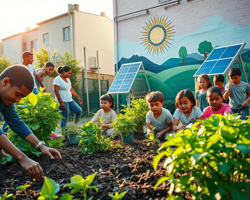 community initiatives sustainable living - a vibrant scene of a neighborhood coming together to embrace eco-friendly practices. In the foreground, a group of diverse residents tend to a lush community garden, their hands digging into the rich soil. In the middle ground, a group of children learn about renewable energy at a solar panel demonstration station, their faces alight with curiosity. In the background, a mural depicting renewable energy sources and sustainable living adorns the side of a building, casting a warm glow over the entire scene. The lighting is soft and natural, capturing the community's sense of unity and purpose in creating a more sustainable future. The overall mood is one of hope, cooperation, and a deep respect for the environment. community initiatives sustainable living - a vibrant scene of a neighborhood coming together to embrace eco-friendly practices. In the foreground, a group of diverse residents tend to a lush community garden, their hands digging into the rich soil. In the middle ground, a group of children learn about renewable energy at a solar panel demonstration station, their faces alight with curiosity. In the background, a mural depicting renewable energy sources and sustainable living adorns the side of a building, casting a warm glow over the entire scene. The lighting is soft and natural, capturing the community's sense of unity and purpose in creating a more sustainable future. The overall mood is one of hope, cooperation, and a deep respect for the environment.