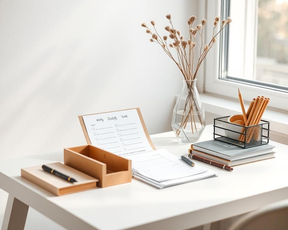 weekly checklist organisation, organized stationery on a wooden desk, minimalist white desk, geometric glass vase with dried flowers, natural light from large window, clean and tidy workspace, Scandinavian style interior, calm and focused mood, high-key lighting, close-up shot, neutral color palette, crisp and clear details, no distractions, carefully curated elements weekly checklist organisation, organized stationery on a wooden desk, minimalist white desk, geometric glass vase with dried flowers, natural light from large window, clean and tidy workspace, Scandinavian style interior, calm and focused mood, high-key lighting, close-up shot, neutral color palette, crisp and clear details, no distractions, carefully curated elements