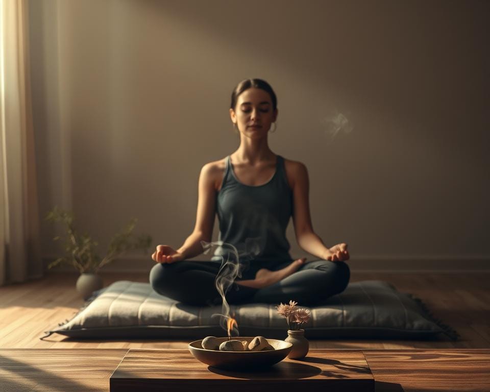 A serene, dimly lit meditation room with soft, warm lighting filtering through a sheer curtain. In the foreground, a person sitting cross-legged on a plush cushion, eyes closed in deep contemplation, their face radiating a sense of tranquility. Surrounding them, delicate wisps of incense smoke drift through the air, creating a calming, atmospheric haze. In the middle ground, a wooden table holds a small bowl of water, a few smooth stones, and a simple, minimalist floral arrangement, evoking a zen-like ambiance. The background features a plain, neutral-toned wall, allowing the focus to remain on the meditative figure and the soothing environment. A serene, dimly lit meditation room with soft, warm lighting filtering through a sheer curtain. In the foreground, a person sitting cross-legged on a plush cushion, eyes closed in deep contemplation, their face radiating a sense of tranquility. Surrounding them, delicate wisps of incense smoke drift through the air, creating a calming, atmospheric haze. In the middle ground, a wooden table holds a small bowl of water, a few smooth stones, and a simple, minimalist floral arrangement, evoking a zen-like ambiance. The background features a plain, neutral-toned wall, allowing the focus to remain on the meditative figure and the soothing environment.