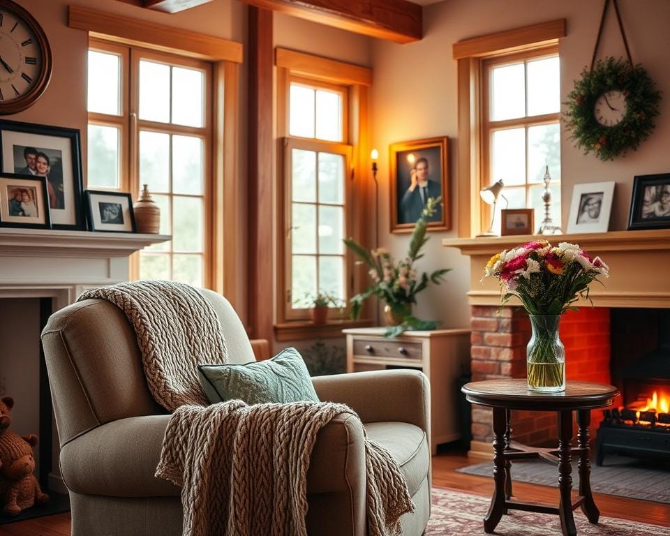a cozy living room with warm lighting and inviting personal touches, including a plush armchair, a handmade knitted throw blanket, and a decorative vase filled with fresh flowers on a wooden side table. The room has large windows that let in natural light, casting a soft glow throughout the space. On the mantelpiece, there are framed family photos and a small decorative clock, creating a sense of lived-in comfort and individuality. The overall atmosphere is one of warmth, coziness, and a welcoming, lived-in ambiance. a cozy living room with warm lighting and inviting personal touches, including a plush armchair, a handmade knitted throw blanket, and a decorative vase filled with fresh flowers on a wooden side table. The room has large windows that let in natural light, casting a soft glow throughout the space. On the mantelpiece, there are framed family photos and a small decorative clock, creating a sense of lived-in comfort and individuality. The overall atmosphere is one of warmth, coziness, and a welcoming, lived-in ambiance.