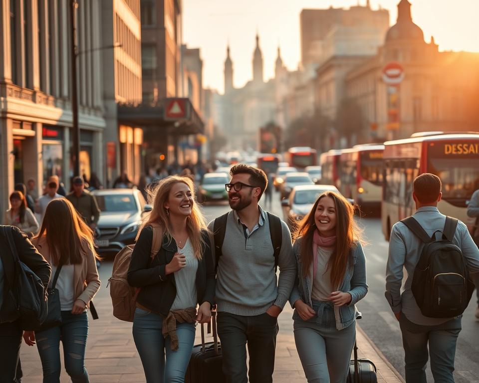 A busy city street, with commuters hurrying along the sidewalks and cars and buses moving steadily in the background. In the foreground, a group of friends laugh and chat, their backpacks and suitcases indicating a leisurely journey. Warm evening light bathes the scene, casting long shadows and creating a cozy, inviting atmosphere. The architecture is a mix of modern and historic, with iconic landmarks visible in the distance. A sense of motion and energy pervades the image, capturing the essence of navigating public transport for both work and play. A busy city street, with commuters hurrying along the sidewalks and cars and buses moving steadily in the background. In the foreground, a group of friends laugh and chat, their backpacks and suitcases indicating a leisurely journey. Warm evening light bathes the scene, casting long shadows and creating a cozy, inviting atmosphere. The architecture is a mix of modern and historic, with iconic landmarks visible in the distance. A sense of motion and energy pervades the image, capturing the essence of navigating public transport for both work and play.