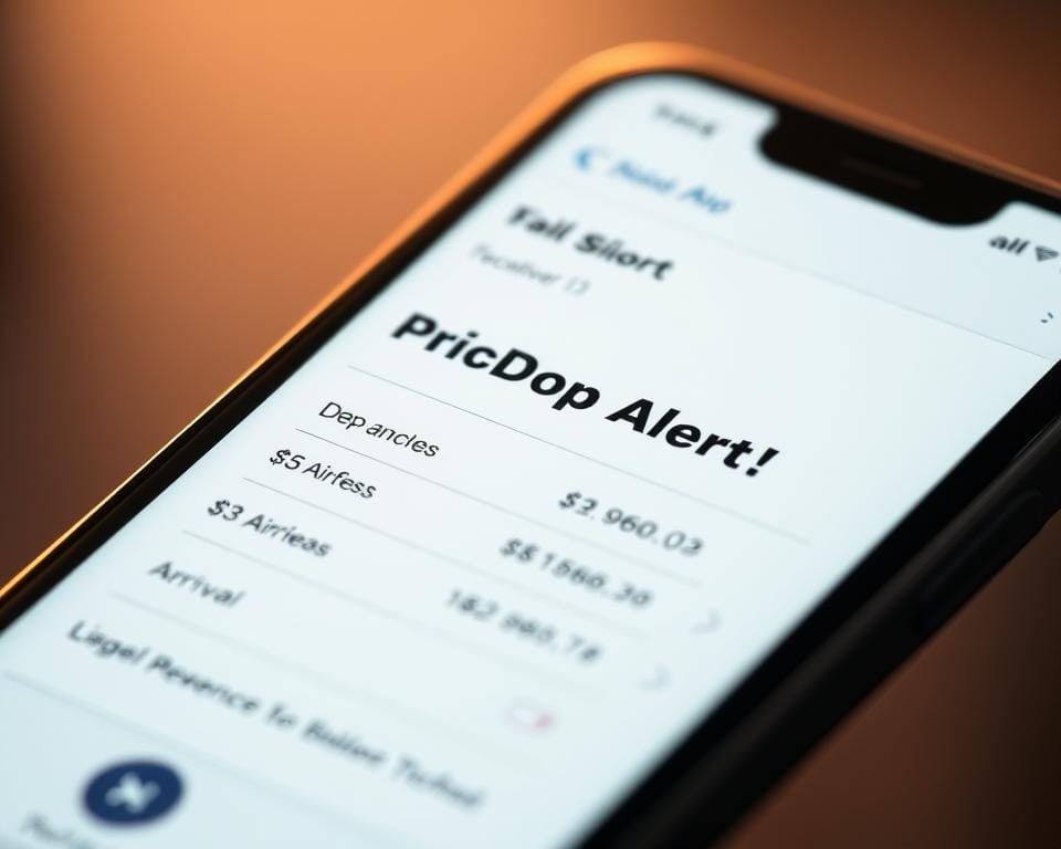 A close-up view of a smartphone screen displaying a price alert notification. The screen shows flight ticket prices, departure and arrival locations, and a prominent "Price Drop Alert!" message. The interface has a clean, intuitive design with minimalist icons and a sleek, high-contrast color scheme. The screen is bathed in a soft, warm lighting that creates a sense of anticipation and excitement. The background is blurred, placing the focus entirely on the digital interface and the compelling flight price data it conveys. A close-up view of a smartphone screen displaying a price alert notification. The screen shows flight ticket prices, departure and arrival locations, and a prominent "Price Drop Alert!" message. The interface has a clean, intuitive design with minimalist icons and a sleek, high-contrast color scheme. The screen is bathed in a soft, warm lighting that creates a sense of anticipation and excitement. The background is blurred, placing the focus entirely on the digital interface and the compelling flight price data it conveys.