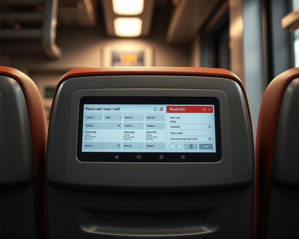 A close-up view of a train seat reservation system, showcasing a booking interface against a muted, industrial backdrop. The screen displays a clean, intuitive layout with seat selection options, train details, and fare information. Subtle lighting from above casts a warm, focused glow, highlighting the tactile textures of the seat upholstery and the glossy surfaces of the reservation panel. The composition emphasizes the practical, efficient nature of the reservation process, conveying a sense of anticipation and ease of use for the rail traveler. A close-up view of a train seat reservation system, showcasing a booking interface against a muted, industrial backdrop. The screen displays a clean, intuitive layout with seat selection options, train details, and fare information. Subtle lighting from above casts a warm, focused glow, highlighting the tactile textures of the seat upholstery and the glossy surfaces of the reservation panel. The composition emphasizes the practical, efficient nature of the reservation process, conveying a sense of anticipation and ease of use for the rail traveler.