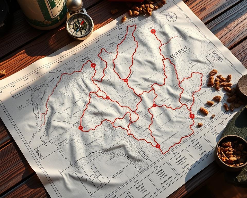 A detailed map of a multi-day hiking route, with carefully marked resupply points and camping spots. The map is laid out on a weathered wooden table, surrounded by a compass, water bottle, trail mix, and other hiking essentials. Soft, natural lighting illuminates the scene, casting warm shadows and highlighting the tactile textures of the materials. The overall mood conveys a sense of thoughtful planning and preparation for an immersive outdoor adventure.