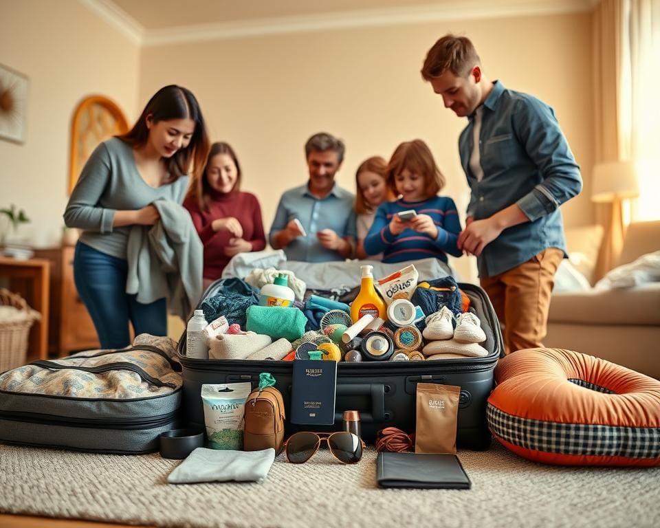 A family gathers around a large suitcase, packing essential items for their upcoming getaway. In the foreground, a mother carefully folds clothes, while a father and two children select personal care products and toys. The middle ground features a neatly organized array of travel accessories, such as a passport, sunglasses, and a travel pillow. In the background, a well-lit room with warm, inviting tones creates a cozy, domestic atmosphere. The scene conveys a sense of excited anticipation and careful preparation, reflecting the theme of "Packing Smart for Each Family Member." A family gathers around a large suitcase, packing essential items for their upcoming getaway. In the foreground, a mother carefully folds clothes, while a father and two children select personal care products and toys. The middle ground features a neatly organized array of travel accessories, such as a passport, sunglasses, and a travel pillow. In the background, a well-lit room with warm, inviting tones creates a cozy, domestic atmosphere. The scene conveys a sense of excited anticipation and careful preparation, reflecting the theme of "Packing Smart for Each Family Member."