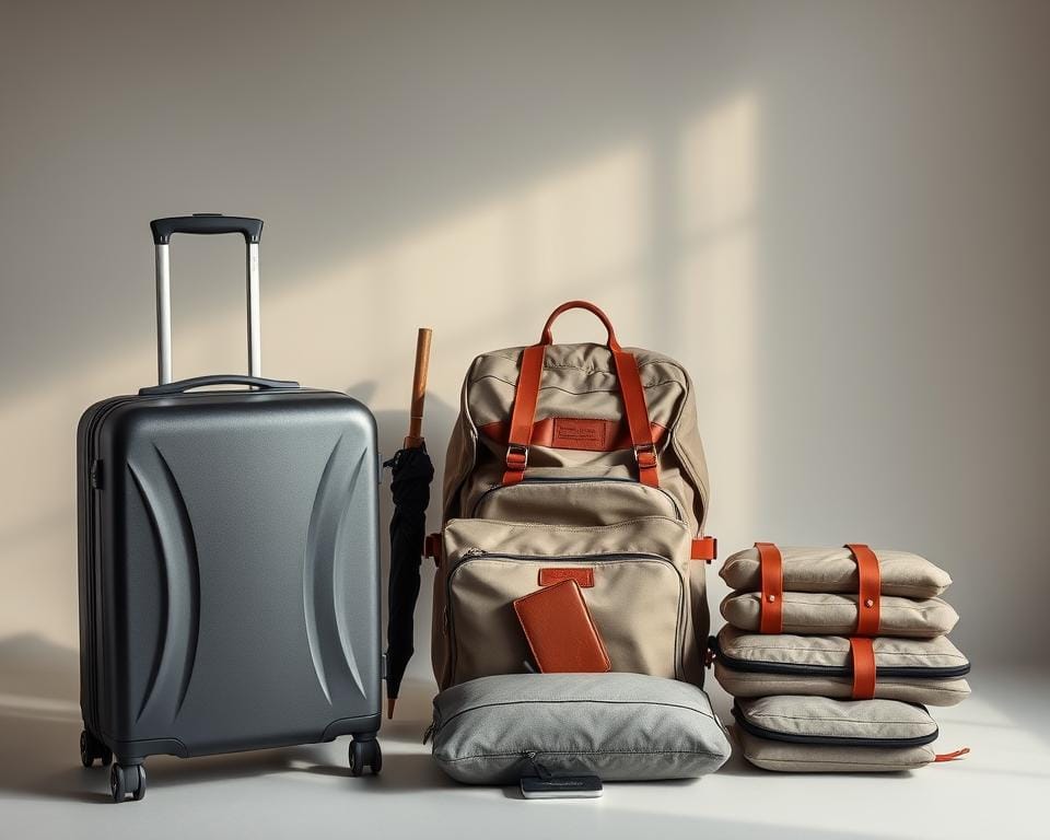 A neatly arranged display of essential travel luggage for a UK trip, showcased against a softly lit, minimalist backdrop. In the foreground, a medium-sized carry-on suitcase in a sophisticated charcoal hue stands upright, its sleek silhouette complemented by a well-designed, weatherproof day bag in a complementary neutral tone. Alongside, a compact backpack in a durable, water-resistant fabric offers versatile storage options. In the middle ground, a leather-trimmed passport holder, a practical umbrella, and a set of packing cubes in various sizes create a cohesive, organized ensemble. The overall mood is one of refined practicality, reflecting the essential, yet stylish nature of UK travel essentials. A neatly arranged display of essential travel luggage for a UK trip, showcased against a softly lit, minimalist backdrop. In the foreground, a medium-sized carry-on suitcase in a sophisticated charcoal hue stands upright, its sleek silhouette complemented by a well-designed, weatherproof day bag in a complementary neutral tone. Alongside, a compact backpack in a durable, water-resistant fabric offers versatile storage options. In the middle ground, a leather-trimmed passport holder, a practical umbrella, and a set of packing cubes in various sizes create a cohesive, organized ensemble. The overall mood is one of refined practicality, reflecting the essential, yet stylish nature of UK travel essentials.