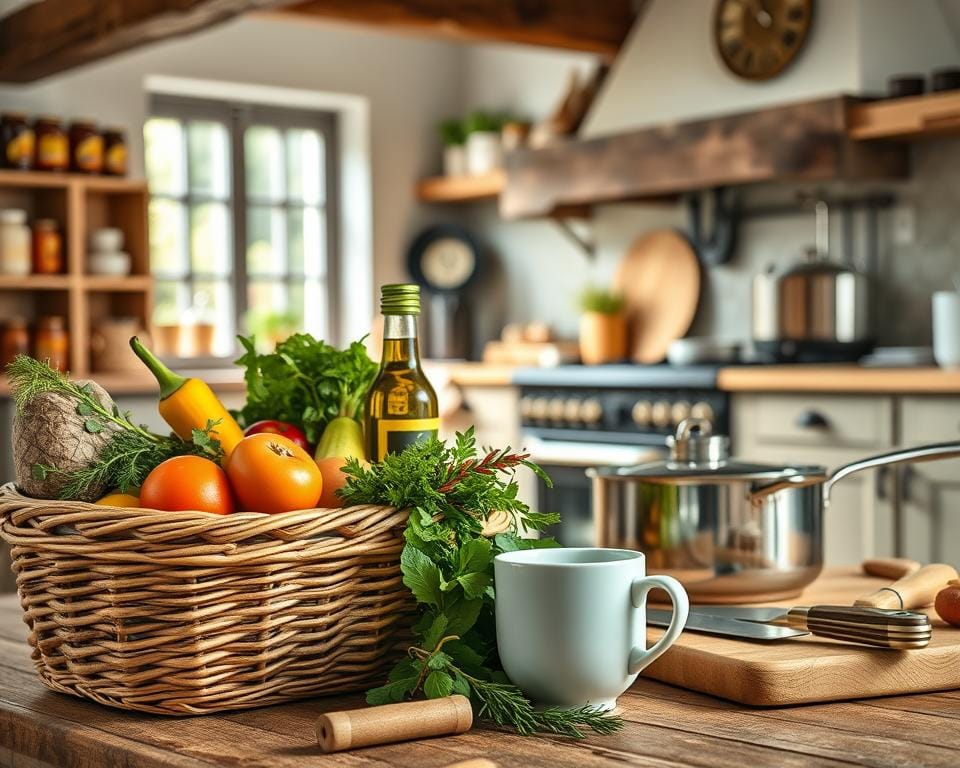 A neatly arranged still life showcasing the essential items for a self-catering cottage holiday in the UK. In the foreground, a woven basket overflows with freshly harvested vegetables, seasonal herbs, and a bottle of locally sourced olive oil. Beside it, a set of quality cookware, including a cast-iron skillet and a gleaming stainless-steel saucepan, reflects the warm glow of natural lighting filtering in through large cottage windows. In the middle ground, a wooden chopping board stands ready, accompanied by a sharp chef's knife and a delicate porcelain mug filled with fragrant, freshly brewed tea. The background features a cozy, rustic kitchen interior, with exposed beams, a vintage oven, and shelves lined with jars of homemade preserves, creating a welcoming, homely atmosphere. A neatly arranged still life showcasing the essential items for a self-catering cottage holiday in the UK. In the foreground, a woven basket overflows with freshly harvested vegetables, seasonal herbs, and a bottle of locally sourced olive oil. Beside it, a set of quality cookware, including a cast-iron skillet and a gleaming stainless-steel saucepan, reflects the warm glow of natural lighting filtering in through large cottage windows. In the middle ground, a wooden chopping board stands ready, accompanied by a sharp chef's knife and a delicate porcelain mug filled with fragrant, freshly brewed tea. The background features a cozy, rustic kitchen interior, with exposed beams, a vintage oven, and shelves lined with jars of homemade preserves, creating a welcoming, homely atmosphere.