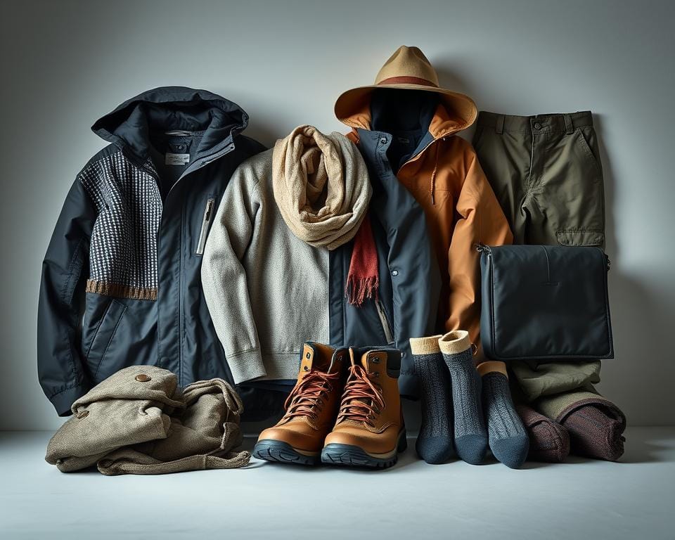 A neatly arranged still life showcasing the essential layered clothing for UK weather adventures. In the foreground, a cozy wool sweater, a weatherproof rain jacket, and a pair of sturdy hiking boots. In the middle ground, a lightweight base layer, a warm scarf, and a pair of breathable hiking socks. In the background, a packable windbreaker, a wide-brimmed sun hat, and a versatile pair of water-resistant trousers. Soft, directional lighting illuminates the textures and colors, creating a sense of tranquility and preparedness. The composition is balanced and visually appealing, capturing the practical yet stylish nature of the essential layered clothing for UK outdoor adventures. A neatly arranged still life showcasing the essential layered clothing for UK weather adventures. In the foreground, a cozy wool sweater, a weatherproof rain jacket, and a pair of sturdy hiking boots. In the middle ground, a lightweight base layer, a warm scarf, and a pair of breathable hiking socks. In the background, a packable windbreaker, a wide-brimmed sun hat, and a versatile pair of water-resistant trousers. Soft, directional lighting illuminates the textures and colors, creating a sense of tranquility and preparedness. The composition is balanced and visually appealing, capturing the practical yet stylish nature of the essential layered clothing for UK outdoor adventures.