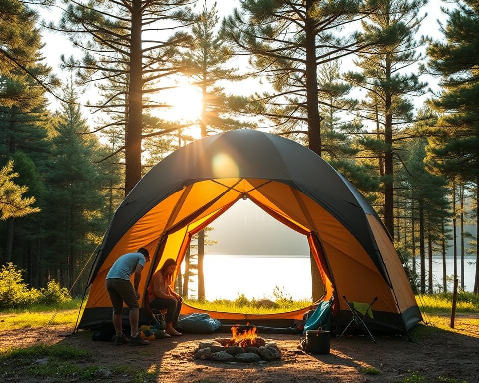 A serene campsite nestled in a lush, verdant forest. In the foreground, a group of campers carefully erecting a spacious, high-quality dome tent, their movements precise and practiced. Rays of warm, golden sunlight filter through the canopy, casting a cozy, inviting glow across the scene. In the middle ground, a well-organized campsite layout with neatly arranged gear, cooking equipment, and a crackling fire pit. The background features towering pine trees, their branches swaying gently in a light breeze, with a glimpse of a tranquil lake or river in the distance. The overall atmosphere exudes a sense of peaceful, outdoor adventure and expert-level camping know-how. A serene campsite nestled in a lush, verdant forest. In the foreground, a group of campers carefully erecting a spacious, high-quality dome tent, their movements precise and practiced. Rays of warm, golden sunlight filter through the canopy, casting a cozy, inviting glow across the scene. In the middle ground, a well-organized campsite layout with neatly arranged gear, cooking equipment, and a crackling fire pit. The background features towering pine trees, their branches swaying gently in a light breeze, with a glimpse of a tranquil lake or river in the distance. The overall atmosphere exudes a sense of peaceful, outdoor adventure and expert-level camping know-how.