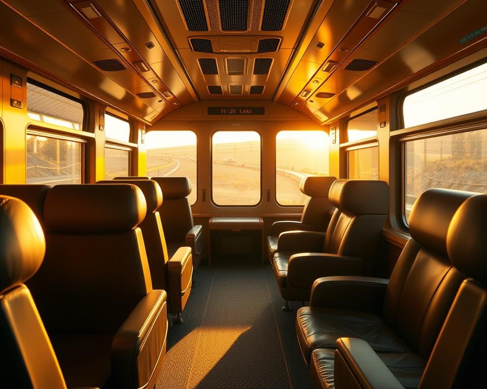 A spacious, luxurious first-class train compartment, illuminated by warm, soft lighting. Plush, leather-upholstered seats arranged in a comfortable configuration, with ample legroom and armrests. The interior is adorned with sleek, polished wood accents, creating a refined, elegant ambiance. Large windows offer panoramic views of the passing European countryside, bathed in the golden glow of the afternoon sun. A sense of comfort, privacy, and exclusivity pervades the space, inviting the traveler to sit back, relax, and enjoy the journey in style. A spacious, luxurious first-class train compartment, illuminated by warm, soft lighting. Plush, leather-upholstered seats arranged in a comfortable configuration, with ample legroom and armrests. The interior is adorned with sleek, polished wood accents, creating a refined, elegant ambiance. Large windows offer panoramic views of the passing European countryside, bathed in the golden glow of the afternoon sun. A sense of comfort, privacy, and exclusivity pervades the space, inviting the traveler to sit back, relax, and enjoy the journey in style.
