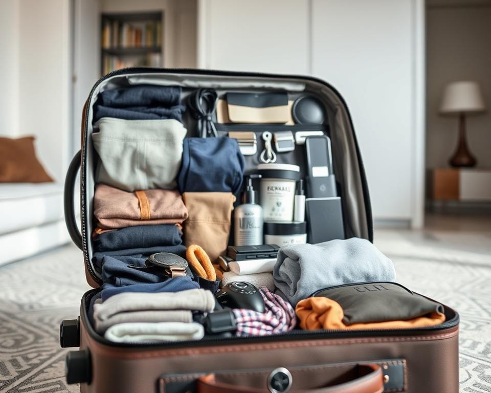 A well-organized and efficiently packed carry-on bag, showcasing various neatly arranged travel essentials. The scene is bathed in soft, natural lighting, accentuating the thoughtful organization of the contents. In the foreground, a variety of carefully folded clothing items, compression cubes, and compact accessories are visible, demonstrating the maximization of available space. The middle ground features strategically placed toiletry items, electronics, and other necessary travel gear, all positioned to optimize the bag's interior. The background subtly suggests the context of a minimalist, modern hotel room or apartment, providing a clean and uncluttered environment to highlight the carry-on's efficient packing. A well-organized and efficiently packed carry-on bag, showcasing various neatly arranged travel essentials. The scene is bathed in soft, natural lighting, accentuating the thoughtful organization of the contents. In the foreground, a variety of carefully folded clothing items, compression cubes, and compact accessories are visible, demonstrating the maximization of available space. The middle ground features strategically placed toiletry items, electronics, and other necessary travel gear, all positioned to optimize the bag's interior. The background subtly suggests the context of a minimalist, modern hotel room or apartment, providing a clean and uncluttered environment to highlight the carry-on's efficient packing.