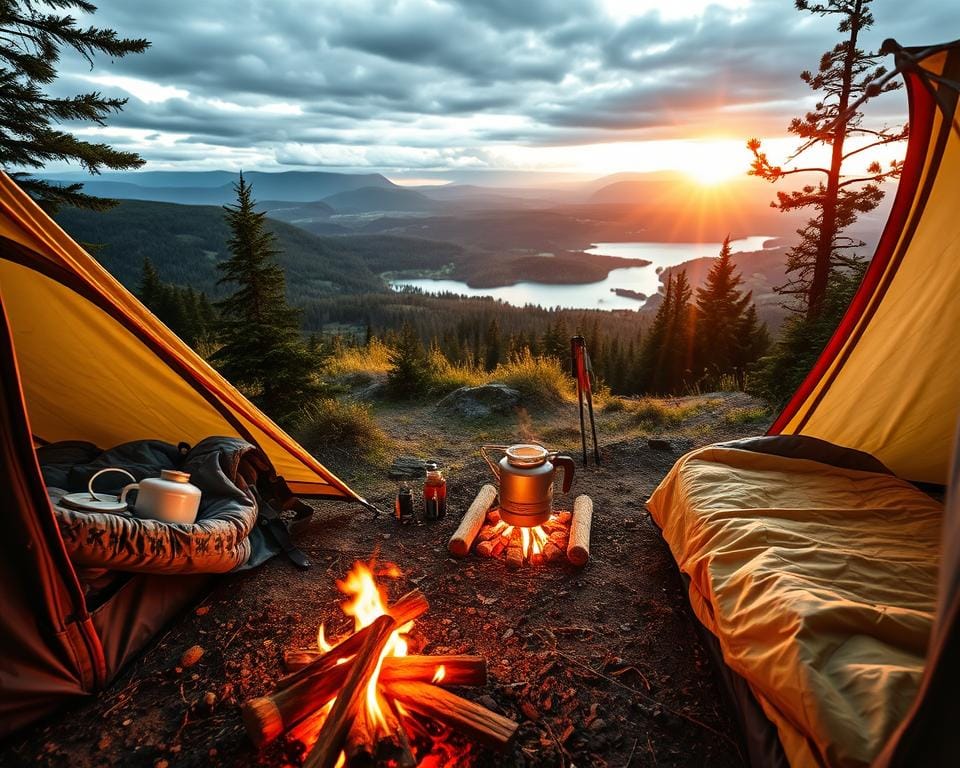 A well-organized campsite with a sturdy tent, a cozy sleeping bag, and a warm campfire flickering in the foreground. In the middle ground, a backpack, a portable stove, and hiking poles stand ready for the day's adventures. The background showcases a picturesque landscape of rolling hills, lush forests, and a serene lake, bathed in the warm glow of the setting sun. The scene conveys a sense of preparedness, comfort, and the natural beauty of the great outdoors, capturing the essentials for a beginner's camping trip in the UK. A well-organized campsite with a sturdy tent, a cozy sleeping bag, and a warm campfire flickering in the foreground. In the middle ground, a backpack, a portable stove, and hiking poles stand ready for the day's adventures. The background showcases a picturesque landscape of rolling hills, lush forests, and a serene lake, bathed in the warm glow of the setting sun. The scene conveys a sense of preparedness, comfort, and the natural beauty of the great outdoors, capturing the essentials for a beginner's camping trip in the UK.