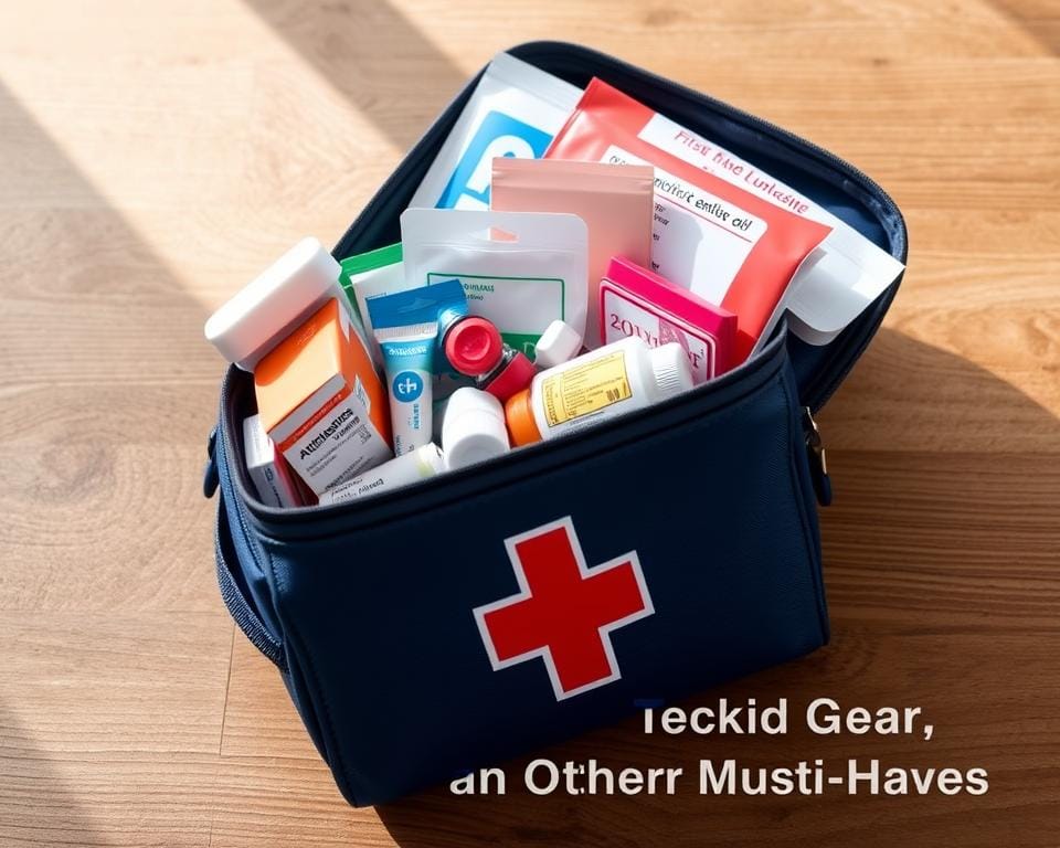 A well-stocked family first aid kit rests on a wooden surface, illuminated by soft, natural lighting. The kit features a sturdy, navy blue exterior with a prominent red cross symbol, conveying its purpose. Inside, the kit is neatly organized, containing a variety of essential medical supplies, such as bandages, antiseptic wipes, gauze pads, and medication. The layout and arrangement of the items suggest a sense of preparedness and attention to detail, ready to address a range of minor injuries or health concerns that may arise during a family getaway. The overall composition evokes a sense of reliability and care, befitting the "First Aid, Tech Gear and Other Must-Haves" section of the travel article. A well-stocked family first aid kit rests on a wooden surface, illuminated by soft, natural lighting. The kit features a sturdy, navy blue exterior with a prominent red cross symbol, conveying its purpose. Inside, the kit is neatly organized, containing a variety of essential medical supplies, such as bandages, antiseptic wipes, gauze pads, and medication. The layout and arrangement of the items suggest a sense of preparedness and attention to detail, ready to address a range of minor injuries or health concerns that may arise during a family getaway. The overall composition evokes a sense of reliability and care, befitting the "First Aid, Tech Gear and Other Must-Haves" section of the travel article.