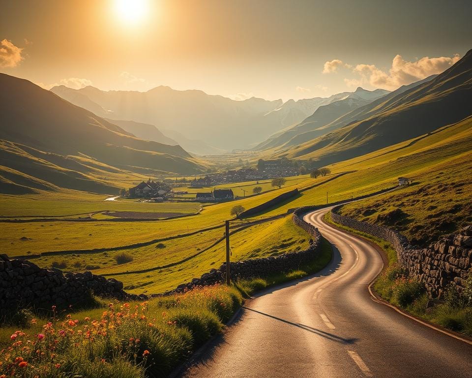 A winding, scenic road snaking through lush, rolling hills and verdant meadows. The sun casts a warm, golden glow over the landscape, creating long, dramatic shadows. In the distance, a picturesque village nestled between towering, snow-capped peaks. The road is flanked by ancient stone walls and lined with vibrant wildflowers, inviting the viewer to embark on an enchanting journey. The scene is captured through a wide-angle lens, emphasizing the vast, awe-inspiring scale of the environment. An serene, tranquil atmosphere pervades, conveying the sense of exploration and discovery that defines the quintessential UK road trip experience. A winding, scenic road snaking through lush, rolling hills and verdant meadows. The sun casts a warm, golden glow over the landscape, creating long, dramatic shadows. In the distance, a picturesque village nestled between towering, snow-capped peaks. The road is flanked by ancient stone walls and lined with vibrant wildflowers, inviting the viewer to embark on an enchanting journey. The scene is captured through a wide-angle lens, emphasizing the vast, awe-inspiring scale of the environment. An serene, tranquil atmosphere pervades, conveying the sense of exploration and discovery that defines the quintessential UK road trip experience.