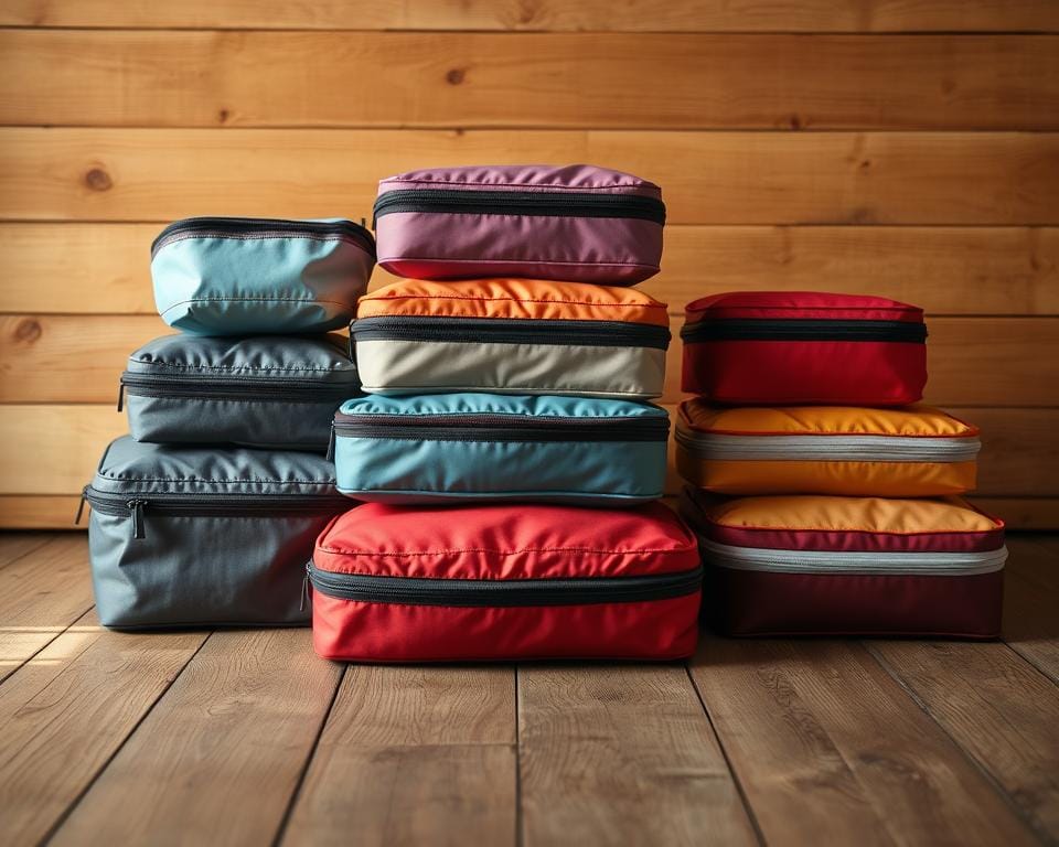 An organized arrangement of packing cubes in various sizes and colors neatly stacked on a wooden surface, creating a visually appealing and efficient travel storage solution. The scene is bathed in warm, natural lighting, capturing the texture of the wooden background and the vibrant hues of the cubes. The composition emphasizes the practicality and convenience of this travel organization method, with the cubes arranged in a symmetrical, balanced layout that highlights their functionality. The overall mood is one of preparedness, organization, and a sense of adventure, perfectly complementing the article's focus on mastering the art of traveling with only hand luggage. An organized arrangement of packing cubes in various sizes and colors neatly stacked on a wooden surface, creating a visually appealing and efficient travel storage solution. The scene is bathed in warm, natural lighting, capturing the texture of the wooden background and the vibrant hues of the cubes. The composition emphasizes the practicality and convenience of this travel organization method, with the cubes arranged in a symmetrical, balanced layout that highlights their functionality. The overall mood is one of preparedness, organization, and a sense of adventure, perfectly complementing the article's focus on mastering the art of traveling with only hand luggage.