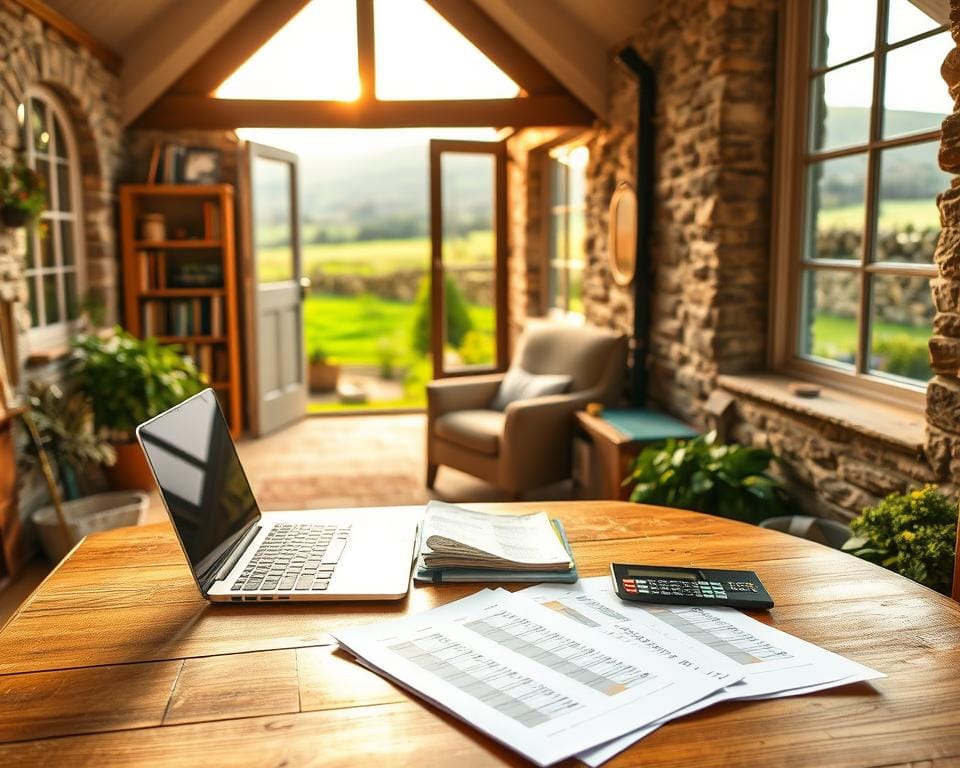 a cozy cottage nestled in a rolling countryside, with a quaint garden and charming stone exterior. In the foreground, a wooden table with a laptop, calculator, and financial documents, representing the process of cottage budget planning. Warm, natural lighting filters through the leaded windows, casting a soft glow over the scene. In the middle ground, a comfortable armchair and bookshelves, hinting at the relaxing atmosphere of a countryside retreat. The background showcases a pastoral landscape of lush greenery, rolling hills, and a distant stone wall, creating a sense of tranquility and seclusion. The overall mood is one of thoughtful planning and anticipation for a delightful cottage holiday in the UK. a cozy cottage nestled in a rolling countryside, with a quaint garden and charming stone exterior. In the foreground, a wooden table with a laptop, calculator, and financial documents, representing the process of cottage budget planning. Warm, natural lighting filters through the leaded windows, casting a soft glow over the scene. In the middle ground, a comfortable armchair and bookshelves, hinting at the relaxing atmosphere of a countryside retreat. The background showcases a pastoral landscape of lush greenery, rolling hills, and a distant stone wall, creating a sense of tranquility and seclusion. The overall mood is one of thoughtful planning and anticipation for a delightful cottage holiday in the UK.