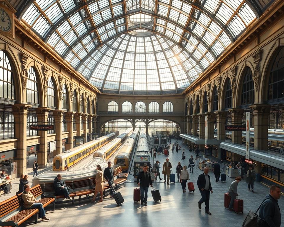 a detailed, photorealistic illustration of a European train station concourse with a high glass-domed ceiling, ornate architectural details, and a busy scene of travelers moving through the space. the lighting is soft and natural, with sunlight streaming in through the windows. in the foreground, there are people sitting on benches, rolling suitcases, and heading towards the platforms. in the middle ground, there are ticket offices, information desks, and small shops. in the background, the platforms are visible, with trains arriving and departing. the overall mood is one of activity and anticipation, conveying the excitement and sense of possibility inherent in European rail travel. a detailed, photorealistic illustration of a European train station concourse with a high glass-domed ceiling, ornate architectural details, and a busy scene of travelers moving through the space. the lighting is soft and natural, with sunlight streaming in through the windows. in the foreground, there are people sitting on benches, rolling suitcases, and heading towards the platforms. in the middle ground, there are ticket offices, information desks, and small shops. in the background, the platforms are visible, with trains arriving and departing. the overall mood is one of activity and anticipation, conveying the excitement and sense of possibility inherent in European rail travel.