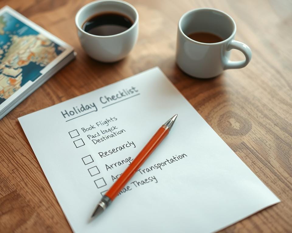 a neatly organized holiday planning checklist on a wooden table, with a pen and a cup of coffee nearby. The checklist is handwritten on crisp white paper, with various categories such as "Book Flights", "Pack Luggage", "Research Destination", and "Arrange Transportation". The lighting is soft and natural, creating a cozy and focused atmosphere. The image is captured from a slightly elevated angle, giving a clear view of the entire setup. The background is blurred, keeping the attention on the checklist and creating a sense of organization and productivity.