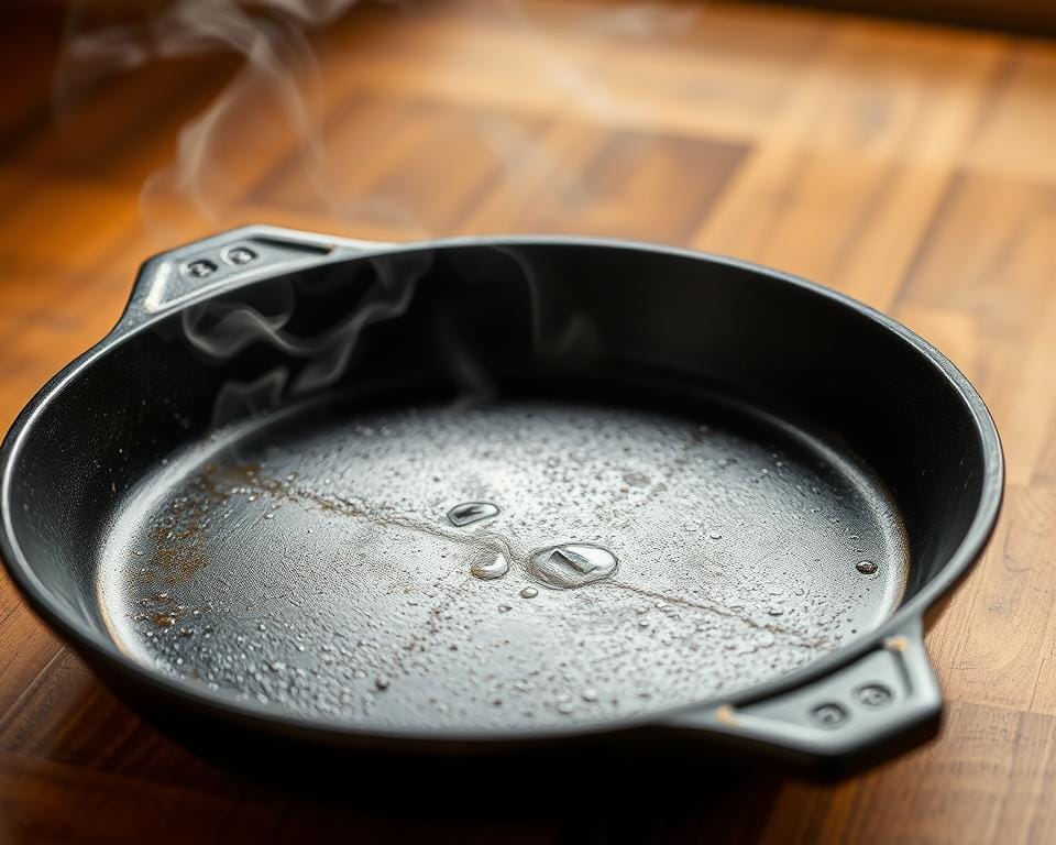 A close-up photograph of a well-seasoned cast iron griddle, resting on a wooden surface. The griddle's surface is heated to the perfect temperature, with wisps of steam rising from its surface. The lighting is warm and natural, casting a soft glow on the griddle. The image captures the texture of the cast iron, showcasing its even heat distribution and the ideal cooking temperature for baking delicate Welsh cakes. The background is slightly blurred, allowing the griddle to be the focal point, emphasizing its importance in achieving the perfect Welsh cake texture and flavor.