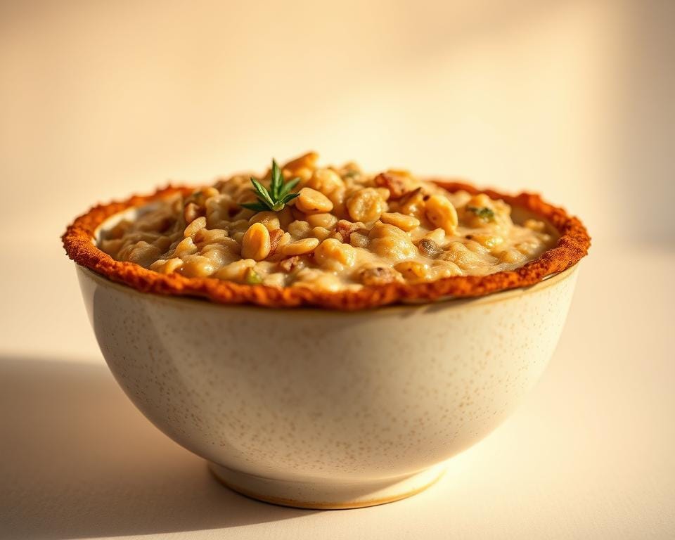 A close-up shot of a bowl of hearty, plant-based porridge with a delightfully crispy exterior. The porridge is made with a blend of whole grains, simmered to a creamy consistency, and finished with a golden-brown crust around the edges. The lighting is warm and softly focused, highlighting the inviting texture and artful presentation. The bowl is set against a neutral, minimalist background, allowing the porridge to take center stage and showcase its enticing, meaty-like bite. A close-up shot of a bowl of hearty, plant-based porridge with a delightfully crispy exterior. The porridge is made with a blend of whole grains, simmered to a creamy consistency, and finished with a golden-brown crust around the edges. The lighting is warm and softly focused, highlighting the inviting texture and artful presentation. The bowl is set against a neutral, minimalist background, allowing the porridge to take center stage and showcase its enticing, meaty-like bite.