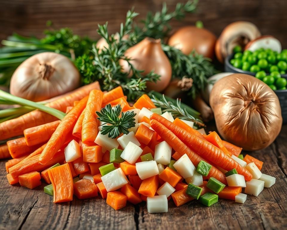 A close-up still life shot of various fresh vegetables and herbs, neatly arranged on a rustic wooden table. In the foreground, a pile of chopped carrots, celery, and onions, their vibrant colors and textures contrasting with the rough-hewn tabletop. Behind them, a bundle of fresh thyme, a few sprigs of rosemary, and a handful of mushrooms. In the middle ground, a large potato, its skin glistening, and a bowl of peas. The lighting is soft and natural, casting gentle shadows and highlighting the produce's inherent beauty. The overall composition is balanced and visually appealing, inviting the viewer to imagine the delicious vegetarian shepherd's pie that will be created from these simple, wholesome ingredients. A close-up still life shot of various fresh vegetables and herbs, neatly arranged on a rustic wooden table. In the foreground, a pile of chopped carrots, celery, and onions, their vibrant colors and textures contrasting with the rough-hewn tabletop. Behind them, a bundle of fresh thyme, a few sprigs of rosemary, and a handful of mushrooms. In the middle ground, a large potato, its skin glistening, and a bowl of peas. The lighting is soft and natural, casting gentle shadows and highlighting the produce's inherent beauty. The overall composition is balanced and visually appealing, inviting the viewer to imagine the delicious vegetarian shepherd's pie that will be created from these simple, wholesome ingredients.