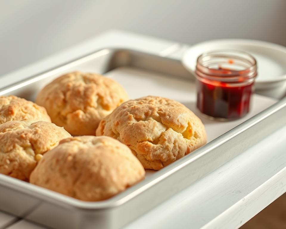 A freshly baked tray of golden-brown gluten-free scones, their flaky exteriors glistening under soft, natural lighting. The scones are arranged neatly on a white, rustic wooden surface, accompanied by a simple white ceramic plate and a small glass jar filled with a rich, ruby-red jam. The scene is captured from a slightly elevated angle, emphasizing the delicate textures and inviting colors of the pastries. The background is blurred, creating a sense of focus and drawing the viewer's attention to the enticing scones in the foreground. An atmosphere of coziness and homemade comfort pervades the image, perfectly capturing the essence of storing, freezing, and reheating these beloved gluten-free treats. A freshly baked tray of golden-brown gluten-free scones, their flaky exteriors glistening under soft, natural lighting. The scones are arranged neatly on a white, rustic wooden surface, accompanied by a simple white ceramic plate and a small glass jar filled with a rich, ruby-red jam. The scene is captured from a slightly elevated angle, emphasizing the delicate textures and inviting colors of the pastries. The background is blurred, creating a sense of focus and drawing the viewer's attention to the enticing scones in the foreground. An atmosphere of coziness and homemade comfort pervades the image, perfectly capturing the essence of storing, freezing, and reheating these beloved gluten-free treats.