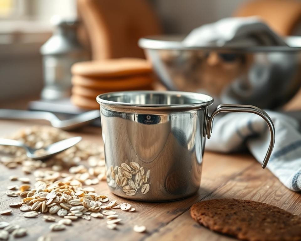 A shiny tin measuring cup in the foreground, reflecting the warm lighting of a cozy kitchen. The cup sits atop a wooden table, surrounded by a scattering of rolled oats, a spoon, and a crisp flapjack. The background is softly blurred, hinting at the making of a homemade British treat. The scene is captured with a gentle, inviting aesthetic, emphasizing the simple pleasure of baking with classic ingredients. A shiny tin measuring cup in the foreground, reflecting the warm lighting of a cozy kitchen. The cup sits atop a wooden table, surrounded by a scattering of rolled oats, a spoon, and a crisp flapjack. The background is softly blurred, hinting at the making of a homemade British treat. The scene is captured with a gentle, inviting aesthetic, emphasizing the simple pleasure of baking with classic ingredients.