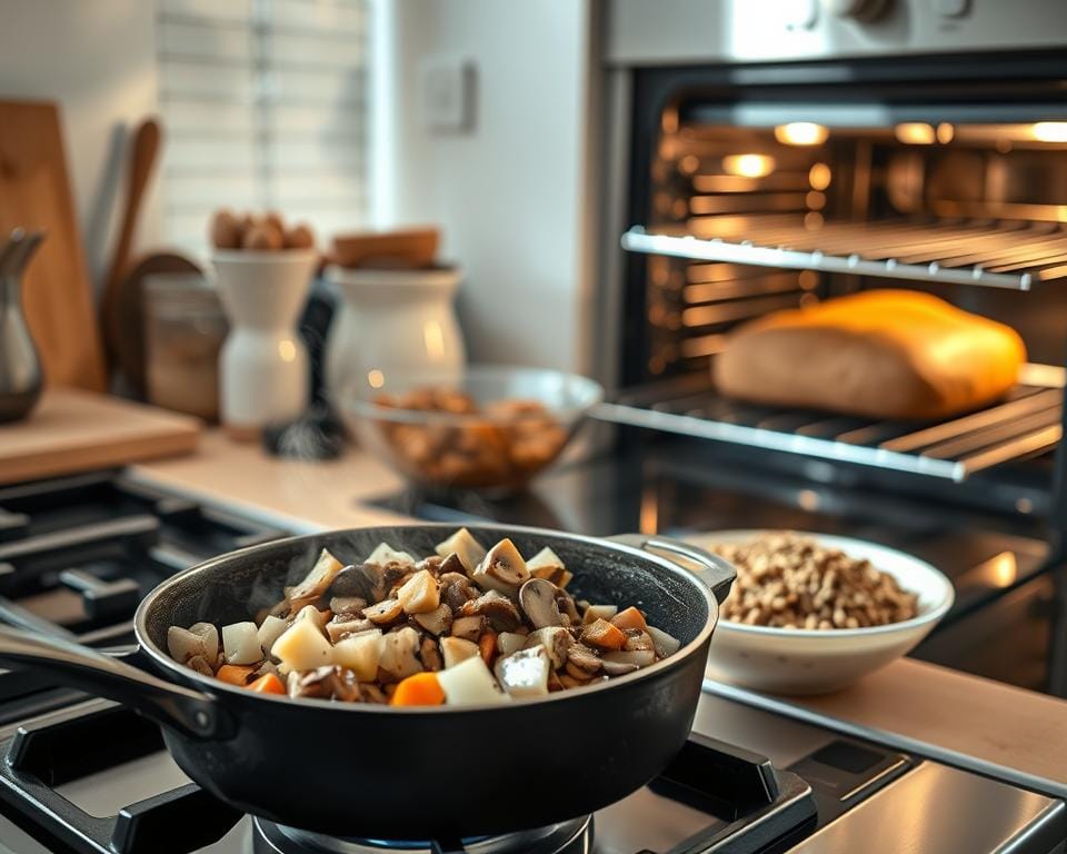 A step-by-step process of preparing vegan haggis, shot in a bright, airy kitchen. In the foreground, carefully diced onions, carrots, and mushrooms sizzle in a cast-iron skillet over a hob, steam rising delicately. In the middle ground, a bowl of mixed grains, lentils, and aromatic spices waits to be added. The background features a modern oven, its door open, revealing a golden-brown loaf of baked haggis. Warm, natural lighting casts a comforting glow, inviting the viewer to imagine the delicious smells and textures of this plant-based take on a traditional Scottish dish. A step-by-step process of preparing vegan haggis, shot in a bright, airy kitchen. In the foreground, carefully diced onions, carrots, and mushrooms sizzle in a cast-iron skillet over a hob, steam rising delicately. In the middle ground, a bowl of mixed grains, lentils, and aromatic spices waits to be added. The background features a modern oven, its door open, revealing a golden-brown loaf of baked haggis. Warm, natural lighting casts a comforting glow, inviting the viewer to imagine the delicious smells and textures of this plant-based take on a traditional Scottish dish.