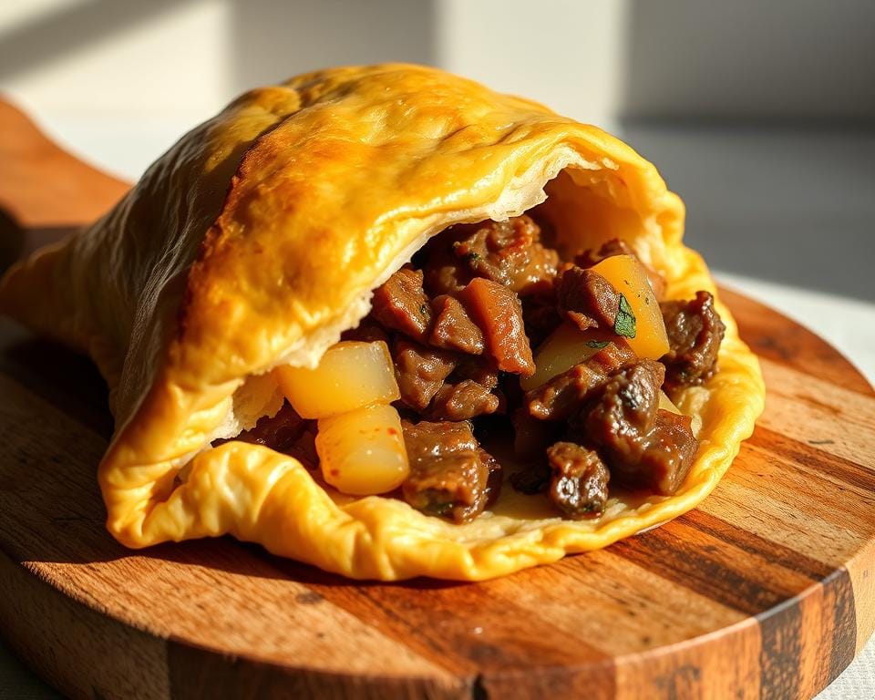 A sumptuous Cornish pasty, freshly baked with a golden, flaky crust, resting on a rustic wooden board. The savory filling of tender beef, potatoes, onions, and aromatic herbs spills invitingly from the neatly crimped edges. Soft natural lighting bathes the scene, casting warm shadows and highlighting the delicate pastry texture. The pasty is angled slightly, inviting the viewer to imagine slicing into it and savoring the classic Cornish flavors. The background is a simple, clean backdrop, allowing the pasty to be the star of the composition.