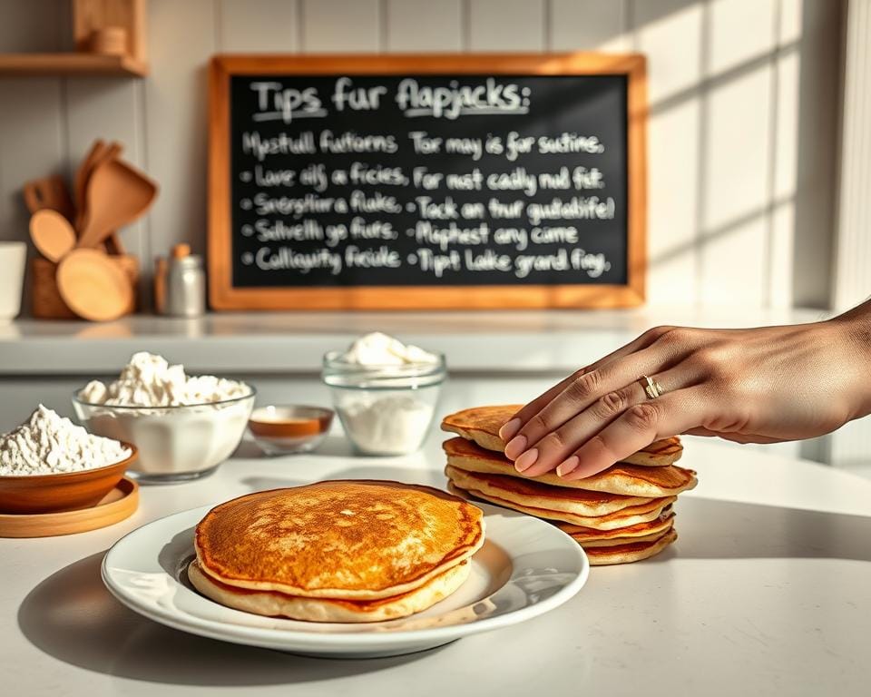 A troubleshooting scene for flapjacks: A clean kitchen counter with a plate of freshly baked flapjacks in the foreground. Beside them, an array of common baking ingredients like flour, butter, and syrup are neatly arranged. A hand gently inspects the flapjacks, checking their texture and consistency. The lighting is warm and natural, creating soft shadows that highlight the details. In the background, a chalkboard displays helpful tips and tricks for fixing common flapjack issues, presented in a clear, informative manner. The overall mood is one of calm, problem-solving, and the satisfaction of mastering a classic baking challenge. A troubleshooting scene for flapjacks: A clean kitchen counter with a plate of freshly baked flapjacks in the foreground. Beside them, an array of common baking ingredients like flour, butter, and syrup are neatly arranged. A hand gently inspects the flapjacks, checking their texture and consistency. The lighting is warm and natural, creating soft shadows that highlight the details. In the background, a chalkboard displays helpful tips and tricks for fixing common flapjack issues, presented in a clear, informative manner. The overall mood is one of calm, problem-solving, and the satisfaction of mastering a classic baking challenge.