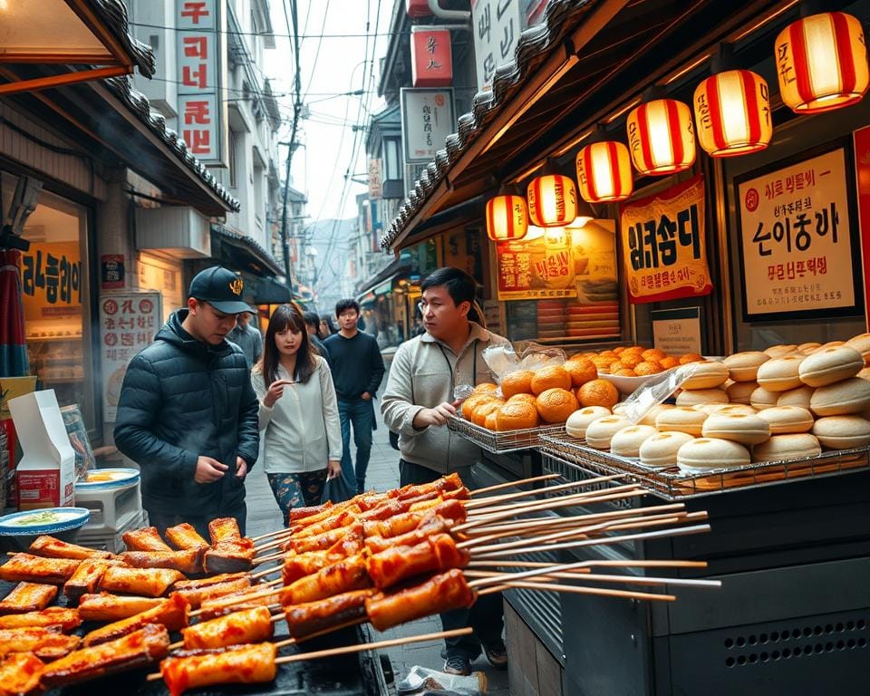 A vibrant street scene in Seoul, South Korea, filled with an array of tantalizing Korean street food. In the foreground, a vendor grills succulent Korean BBQ skewers, their smoky aroma wafting through the air. Beside them, a stall overflows with fluffy steamed buns, kimchi pancakes, and crispy mandu dumplings. In the middle ground, pedestrians weave through the bustling alleyway, their eager expressions hinting at the delicious discoveries ahead. The background is a backdrop of traditional hanok architecture, lending an authentic sense of place. Warm, golden lighting casts a cozy glow, heightening the lively atmosphere. A wide-angle lens captures the vibrant scene in all its mouthwatering glory. A vibrant street scene in Seoul, South Korea, filled with an array of tantalizing Korean street food. In the foreground, a vendor grills succulent Korean BBQ skewers, their smoky aroma wafting through the air. Beside them, a stall overflows with fluffy steamed buns, kimchi pancakes, and crispy mandu dumplings. In the middle ground, pedestrians weave through the bustling alleyway, their eager expressions hinting at the delicious discoveries ahead. The background is a backdrop of traditional hanok architecture, lending an authentic sense of place. Warm, golden lighting casts a cozy glow, heightening the lively atmosphere. A wide-angle lens captures the vibrant scene in all its mouthwatering glory.