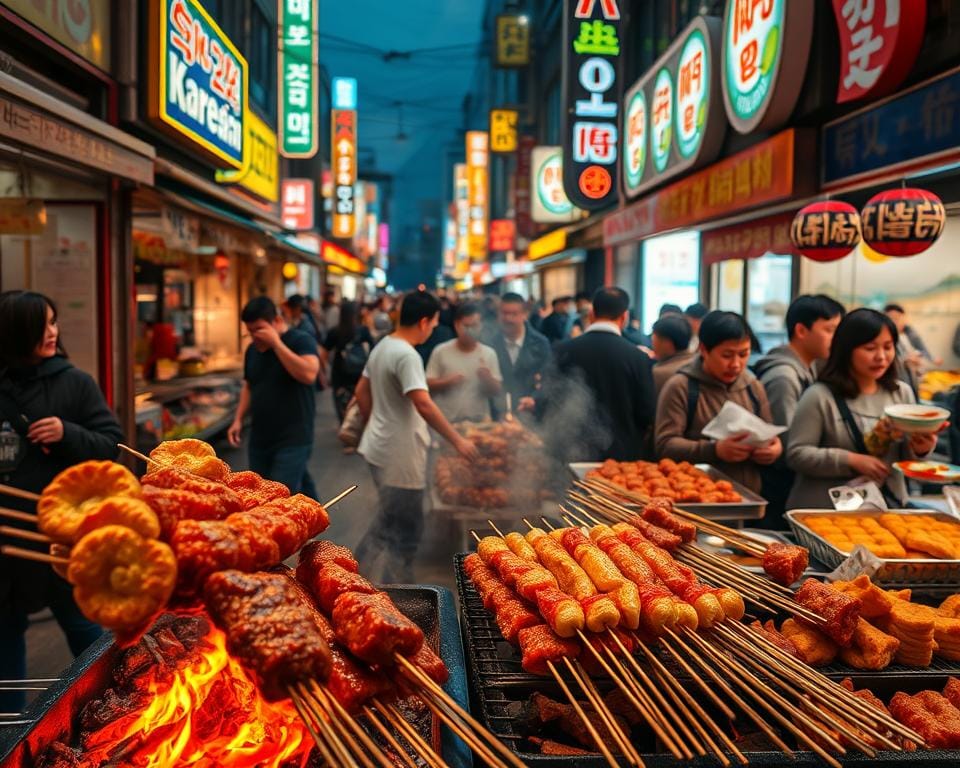 A vibrant street scene in Seoul, illuminated by warm evening light. In the foreground, skewers of grilled meats and seafood sizzle over open charcoal grills, their savory aromas wafting through the air. Surrounding the skewers, an array of traditional Korean snacks and street food delights - crispy kimchi pancakes, fluffy hotteok pastries, and glistening tteokbokki rice cakes. The middle ground features a bustling crowd of locals and tourists, gathered around the lively vendors, eager to sample the flavors of the city. In the background, the neon-lit signage and vibrant storefronts of a lively Korean market set the scene, creating an immersive and authentic atmosphere. A vibrant street scene in Seoul, illuminated by warm evening light. In the foreground, skewers of grilled meats and seafood sizzle over open charcoal grills, their savory aromas wafting through the air. Surrounding the skewers, an array of traditional Korean snacks and street food delights - crispy kimchi pancakes, fluffy hotteok pastries, and glistening tteokbokki rice cakes. The middle ground features a bustling crowd of locals and tourists, gathered around the lively vendors, eager to sample the flavors of the city. In the background, the neon-lit signage and vibrant storefronts of a lively Korean market set the scene, creating an immersive and authentic atmosphere.