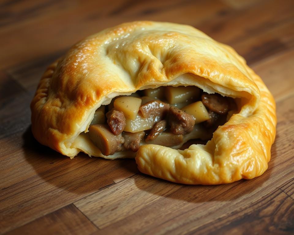 A warm, golden-brown Cornish pasty fresh from the oven, its flaky crust glistening under the soft, even lighting. The pasty sits on a weathered wooden table, casting a subtle shadow that adds depth and dimension to the scene. The interior filling, a harmonious blend of tender beef, potatoes, onions, and seasoning, is just visible through the crisp pastry. The setting evokes a cozy, rustic atmosphere, with a sense of homemade comfort and craftsmanship. The overall mood is one of anticipation and satisfaction, perfectly capturing the essence of the "Bake, time and temperature" section of the traditional Cornish pasty recipe.
