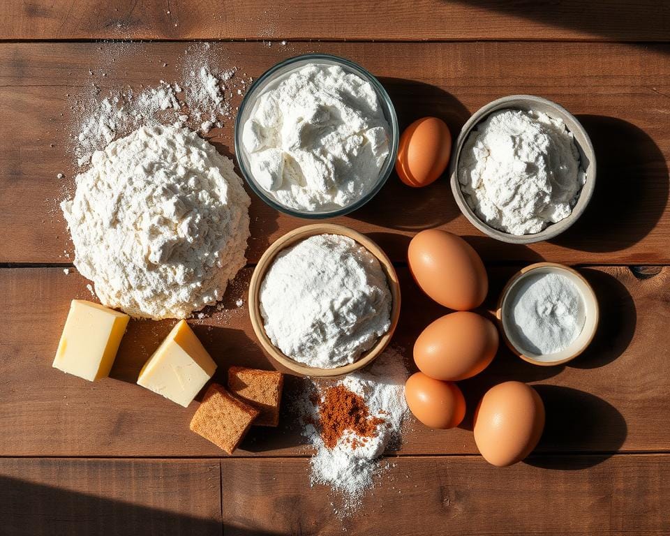 An assortment of ingredients laid out on a rustic wooden table, including flour, butter, sugar, eggs, baking powder, and a sprinkling of cinnamon. The ingredients are arranged in an aesthetically pleasing manner, with natural lighting casting a warm glow over the scene. The overall composition is balanced, with the ingredients taking up the majority of the frame and the table's surface providing a natural backdrop. The mood is cozy and inviting, setting the stage for the creation of delicious Welsh cakes in a home kitchen.