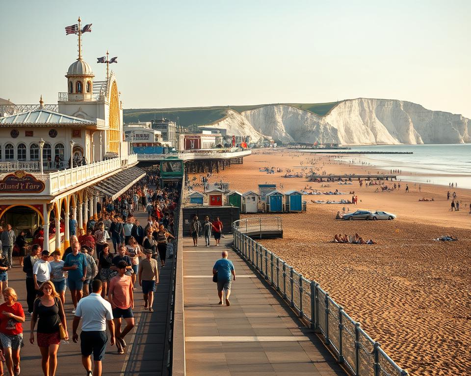 A bustling seaside promenade in Brighton, East Sussex, England. In the foreground, a lively crowd strolls along the iconic Victorian-era Brighton Pier, with its charming amusement park rides and traditional arcades. The middle ground features colorful beach huts and a gently sloping sand beach, where families and sunbathers enjoy the warm, coastal breeze. In the background, the iconic chalky white cliffs of the South Downs rise up, creating a picturesque and quintessentially British seaside landscape. The scene is bathed in warm, golden afternoon light, evoking a sense of relaxation and seaside charm. A Canon DSLR camera captures the scene with a wide-angle lens, showcasing the expansive, dynamic environment.