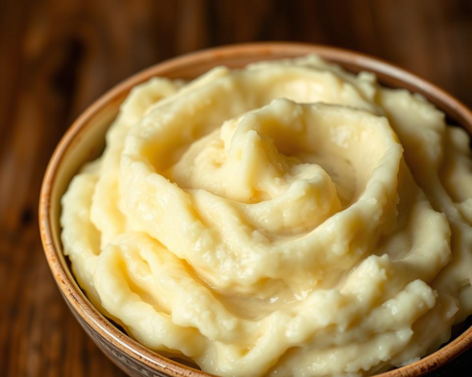 A close-up view of a bowl of perfectly mashed potatoes, their creamy texture gleaming under soft, diffused lighting. The potatoes have been skillfully whipped, resulting in a lump-free, fluffy mound. Delicate wisps of steam curl up from the mash, hinting at its warmth and inviting aroma. The surface is adorned with subtle swirls and peaks, creating an artful, homemade appearance. The bowl is placed atop a simple, rustic wooden surface, allowing the focus to remain solely on the exquisite mash. A close-up view of a bowl of perfectly mashed potatoes, their creamy texture gleaming under soft, diffused lighting. The potatoes have been skillfully whipped, resulting in a lump-free, fluffy mound. Delicate wisps of steam curl up from the mash, hinting at its warmth and inviting aroma. The surface is adorned with subtle swirls and peaks, creating an artful, homemade appearance. The bowl is placed atop a simple, rustic wooden surface, allowing the focus to remain solely on the exquisite mash.