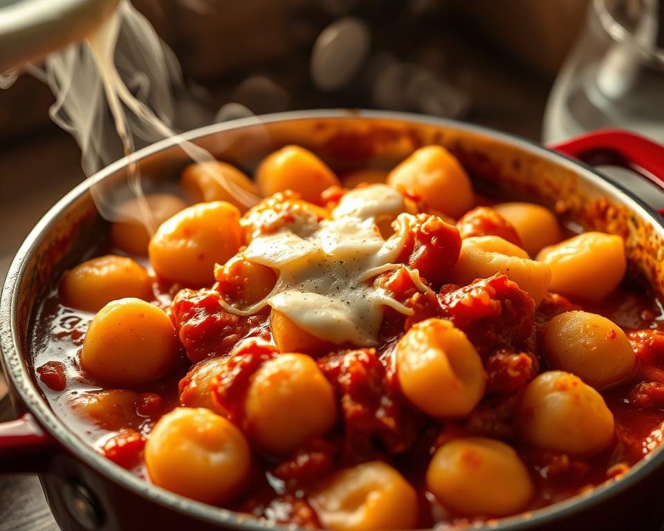A comforting one-pot bake featuring tender potato gnocchi nestled in a rich, creamy tomato sauce, topped with melted mozzarella cheese. Warm lighting casts a cozy glow over the dish, steam gently rising from the bubbly, golden-brown surface. The gnocchi are plump and pillowy, complemented by the tangy tomato notes and the stringy, gooey cheese that pulls apart invitingly. The overall scene evokes a sense of homey, indulgent comfort, perfect for a chilly evening meal. A comforting one-pot bake featuring tender potato gnocchi nestled in a rich, creamy tomato sauce, topped with melted mozzarella cheese. Warm lighting casts a cozy glow over the dish, steam gently rising from the bubbly, golden-brown surface. The gnocchi are plump and pillowy, complemented by the tangy tomato notes and the stringy, gooey cheese that pulls apart invitingly. The overall scene evokes a sense of homey, indulgent comfort, perfect for a chilly evening meal.