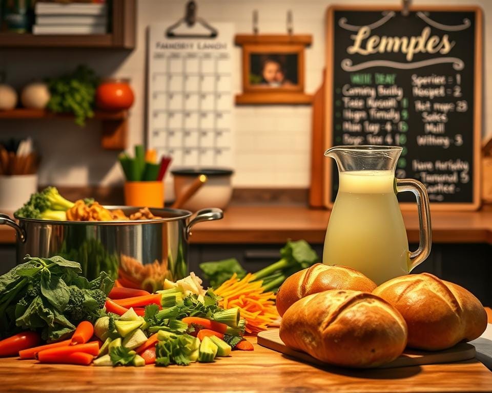 A cozy kitchen counter with a variety of budget-friendly family meal ingredients - freshly chopped vegetables, a pot of simmering stew, hearty bread rolls, and a pitcher of homemade lemonade. The lighting is warm and inviting, casting a soft glow on the scene. In the background, a family-friendly wall calendar and a chalkboard menu board showcase simple, wholesome meal ideas. The overall atmosphere is one of simplicity, nourishment, and togetherness, perfectly capturing the essence of "Budget-Friendly Family Meals".