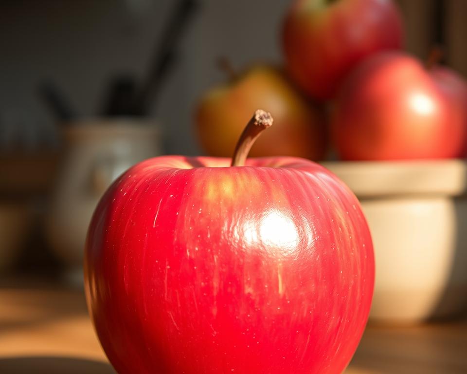 A delightful close-up of a ripe, glistening red apple, freshly plucked from an orchard. The fruit's skin is smooth and unblemished, reflecting the warm, golden sunlight that dances across its surface. The apple is positioned prominently in the foreground, with a soft, blurred background that suggests a cozy, homely setting, perhaps a rustic kitchen counter or wooden table. The lighting is natural and diffused, creating a warm, inviting atmosphere that evokes the comforting aroma of a freshly baked apple sponge pudding or crumble cake. The overall composition is simple yet elegant, drawing the viewer's attention to the apple's perfect form and enticing texture, perfectly capturing the essence of this beloved British dessert. A delightful close-up of a ripe, glistening red apple, freshly plucked from an orchard. The fruit's skin is smooth and unblemished, reflecting the warm, golden sunlight that dances across its surface. The apple is positioned prominently in the foreground, with a soft, blurred background that suggests a cozy, homely setting, perhaps a rustic kitchen counter or wooden table. The lighting is natural and diffused, creating a warm, inviting atmosphere that evokes the comforting aroma of a freshly baked apple sponge pudding or crumble cake. The overall composition is simple yet elegant, drawing the viewer's attention to the apple's perfect form and enticing texture, perfectly capturing the essence of this beloved British dessert.