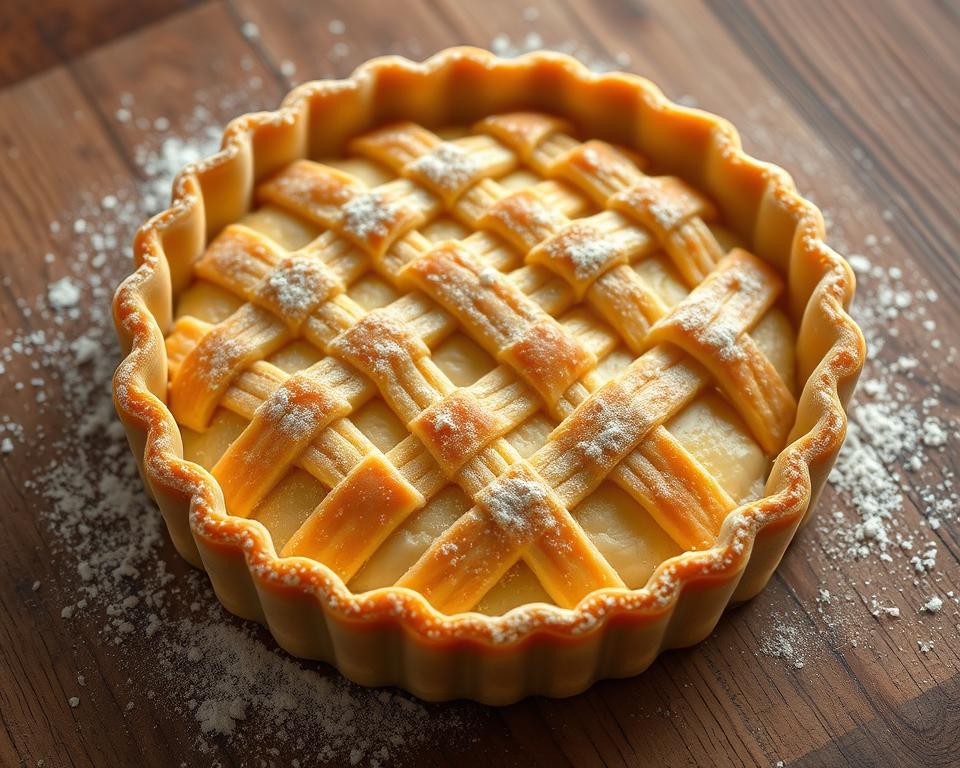 A flaky, golden-brown shortcrust pastry, freshly baked and glistening with a light dusting of flour. The crust has a tender, buttery texture, with a delicate lattice pattern decorating the top. The pastry is presented on a rustic wooden surface, illuminated by soft, natural lighting that casts subtle shadows, highlighting its intricate structure. The scene conveys a sense of warmth, inviting the viewer to imagine the delicious, homemade treacle tart that will be baked in this perfect pastry case.