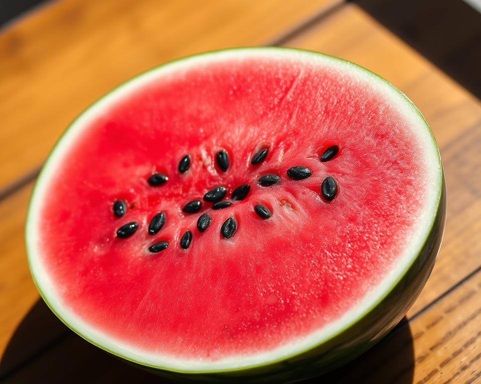 A juicy, ripe watermelon, sliced in half, sits on a wooden table. The vibrant pink flesh glistens under natural sunlight, revealing the black seeds nestled within. The dark green rind contrasts beautifully with the bright red interior, creating a visually stunning and appetizing composition. The scene is captured with a crisp, high-resolution lens, showcasing the melon's intricate textures and patterns. The overall mood is refreshing and summery, inviting the viewer to savor the sweet, hydrating properties of this classic warm-weather fruit. A juicy, ripe watermelon, sliced in half, sits on a wooden table. The vibrant pink flesh glistens under natural sunlight, revealing the black seeds nestled within. The dark green rind contrasts beautifully with the bright red interior, creating a visually stunning and appetizing composition. The scene is captured with a crisp, high-resolution lens, showcasing the melon's intricate textures and patterns. The overall mood is refreshing and summery, inviting the viewer to savor the sweet, hydrating properties of this classic warm-weather fruit.