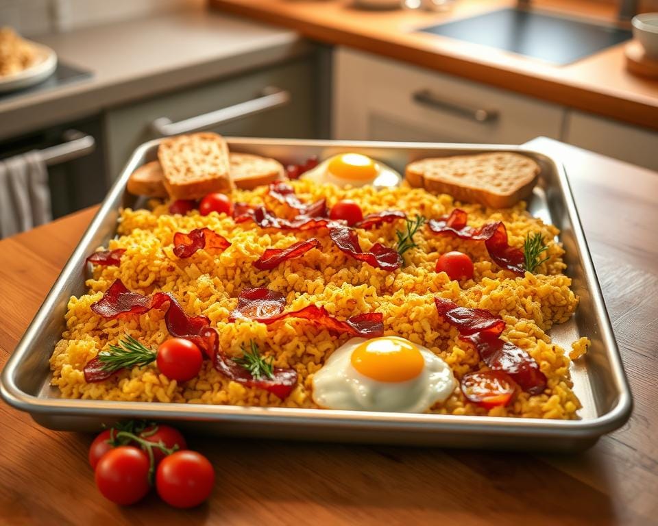 A large sheet pan rests on a wooden kitchen counter, filled with an array of breakfast favorites. Golden-brown hash browns and fluffy scrambled eggs dot the surface, complemented by sizzling bacon and crisp toast slices. Warm overhead lighting casts a soft, inviting glow, creating a cozy, homey atmosphere. Vibrant cherry tomatoes and fresh sprigs of rosemary add pops of color, while the stainless steel sheet pan gleams, showcasing its practical utility. The composition is balanced and visually appealing, inviting the viewer to imagine gathering family and friends around this hearty, satisfying brunch spread. A large sheet pan rests on a wooden kitchen counter, filled with an array of breakfast favorites. Golden-brown hash browns and fluffy scrambled eggs dot the surface, complemented by sizzling bacon and crisp toast slices. Warm overhead lighting casts a soft, inviting glow, creating a cozy, homey atmosphere. Vibrant cherry tomatoes and fresh sprigs of rosemary add pops of color, while the stainless steel sheet pan gleams, showcasing its practical utility. The composition is balanced and visually appealing, inviting the viewer to imagine gathering family and friends around this hearty, satisfying brunch spread.
