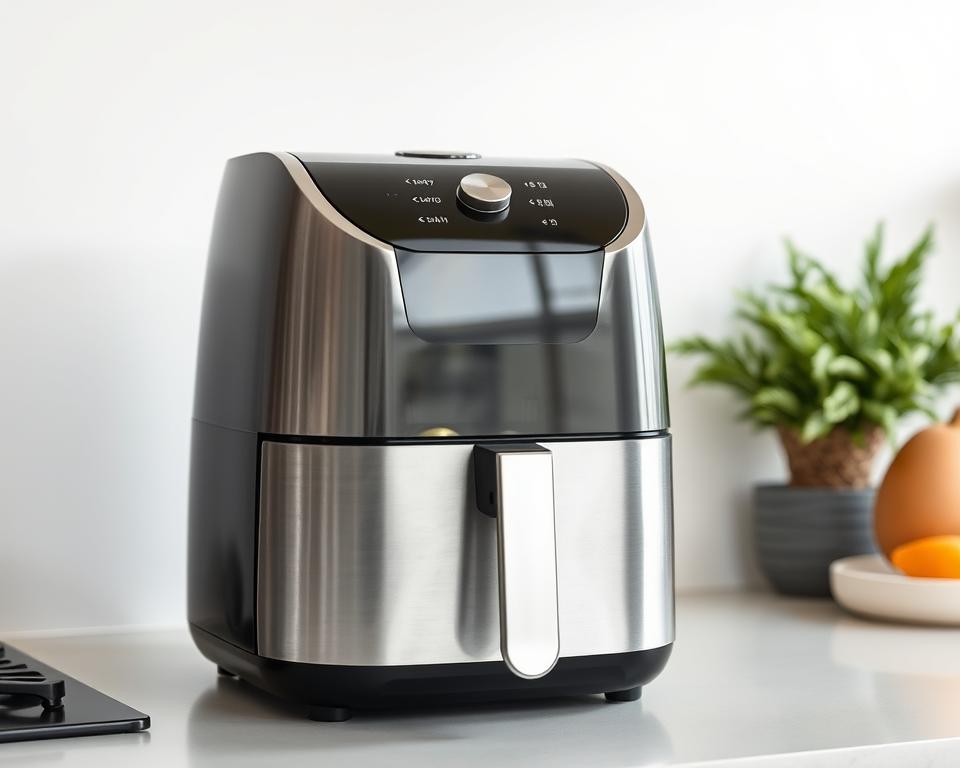 A modern, stainless steel air fryer prominently displayed on a clean, light-colored countertop. The air fryer has a sleek, minimalist design with intuitive controls and a large transparent window, allowing the viewer to see the cooking process. The lighting is bright and even, creating a crisp, well-lit scene that showcases the air fryer's features. The angle is slightly elevated, giving a clean, unobstructed view of the appliance. The overall mood is one of efficiency, simplicity, and culinary potential, reflecting the ease of use and health benefits of air frying. A modern, stainless steel air fryer prominently displayed on a clean, light-colored countertop. The air fryer has a sleek, minimalist design with intuitive controls and a large transparent window, allowing the viewer to see the cooking process. The lighting is bright and even, creating a crisp, well-lit scene that showcases the air fryer's features. The angle is slightly elevated, giving a clean, unobstructed view of the appliance. The overall mood is one of efficiency, simplicity, and culinary potential, reflecting the ease of use and health benefits of air frying.