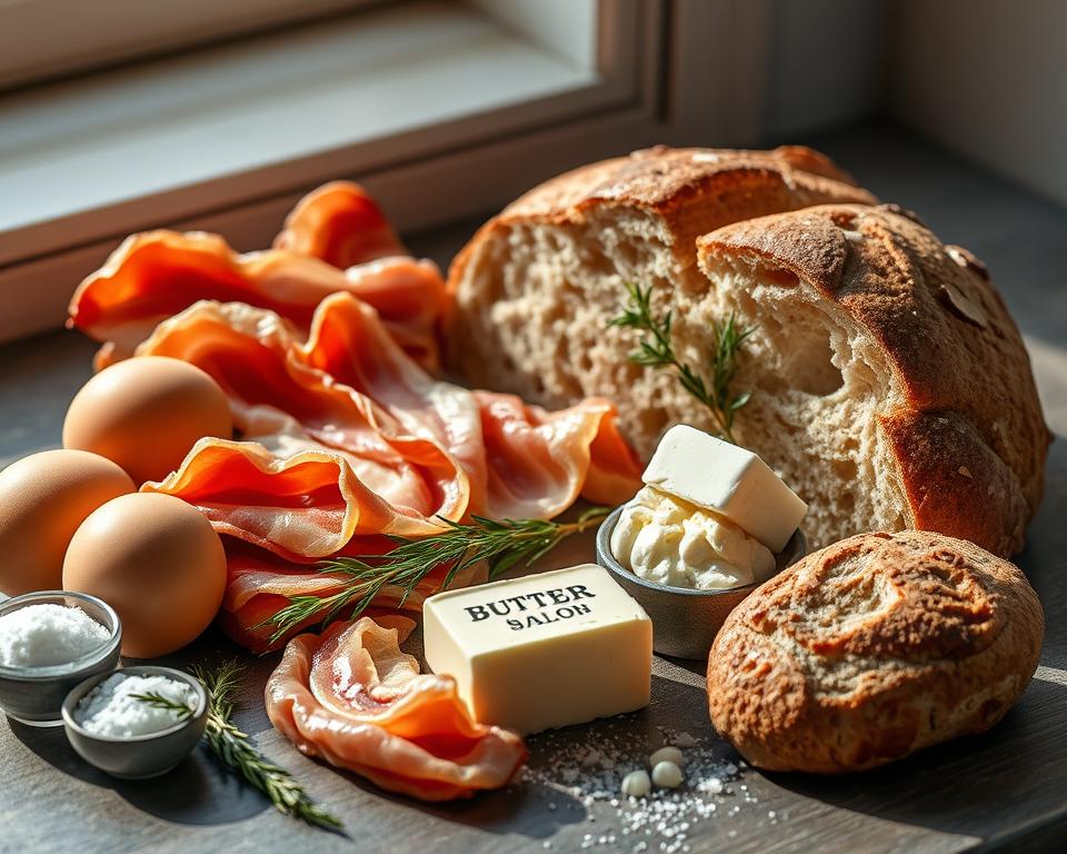 A neatly arranged still life of various classic Scottish breakfast ingredients, including free-range eggs, thick-cut bacon, freshly baked bread, creamy butter, coarse sea salt, and a sprig of fresh herbs. The items are illuminated by soft, natural light filtering in through a window, casting gentle shadows and highlights that accentuate their textures and colors. The overall composition is balanced and visually appealing, showcasing the high-quality, locally-sourced ingredients in an appetizing and inviting manner. A neatly arranged still life of various classic Scottish breakfast ingredients, including free-range eggs, thick-cut bacon, freshly baked bread, creamy butter, coarse sea salt, and a sprig of fresh herbs. The items are illuminated by soft, natural light filtering in through a window, casting gentle shadows and highlights that accentuate their textures and colors. The overall composition is balanced and visually appealing, showcasing the high-quality, locally-sourced ingredients in an appetizing and inviting manner.